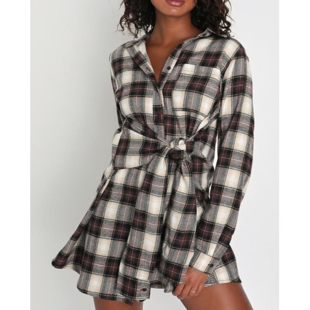 Lulus Dress Womens Medium Brown Plaid Pick Of The Patch Sleeve Tie Belt Academia